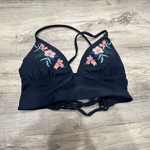 Hollister Floral Embroidered Bralette Bikini Top Navy Blue Crisscross Back Sz‎ S